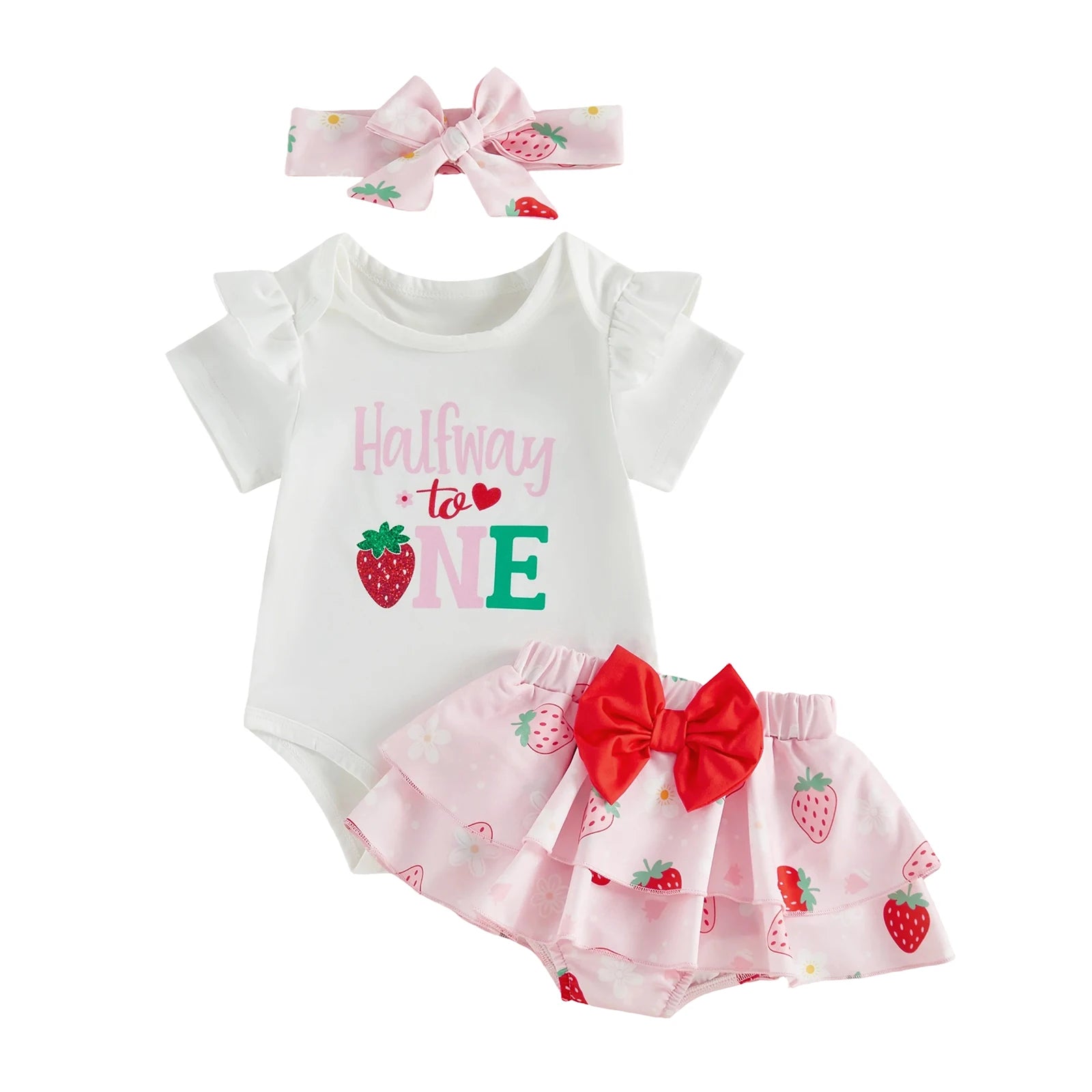 Baby Girl 6 Month Birthday Set with Ruffle Romper Skorts and Headband