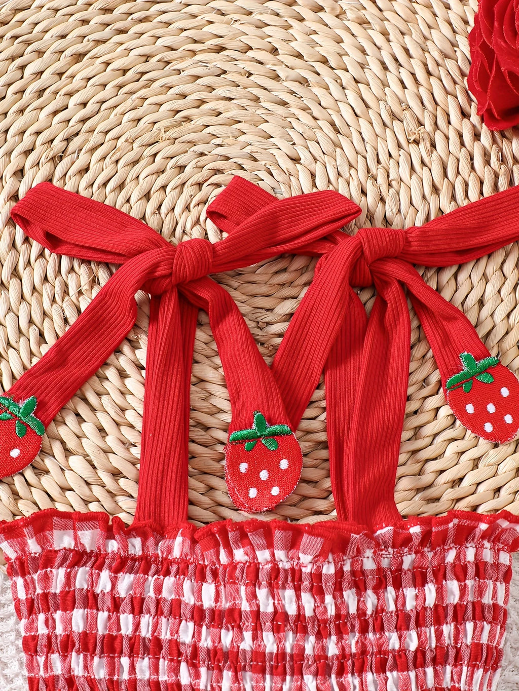 Baby Girl Strawberry Gingham Smocked Tie-Strap Romper Dress
