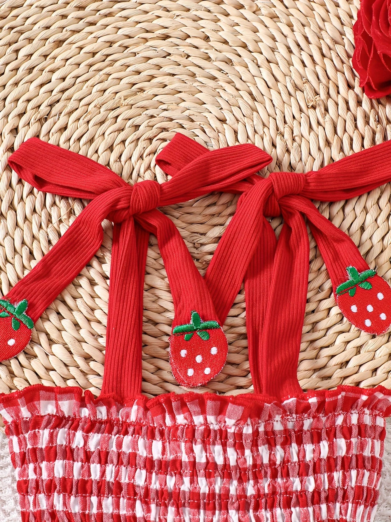 Baby Girl Strawberry Gingham Smocked Tie-Strap Romper Dress