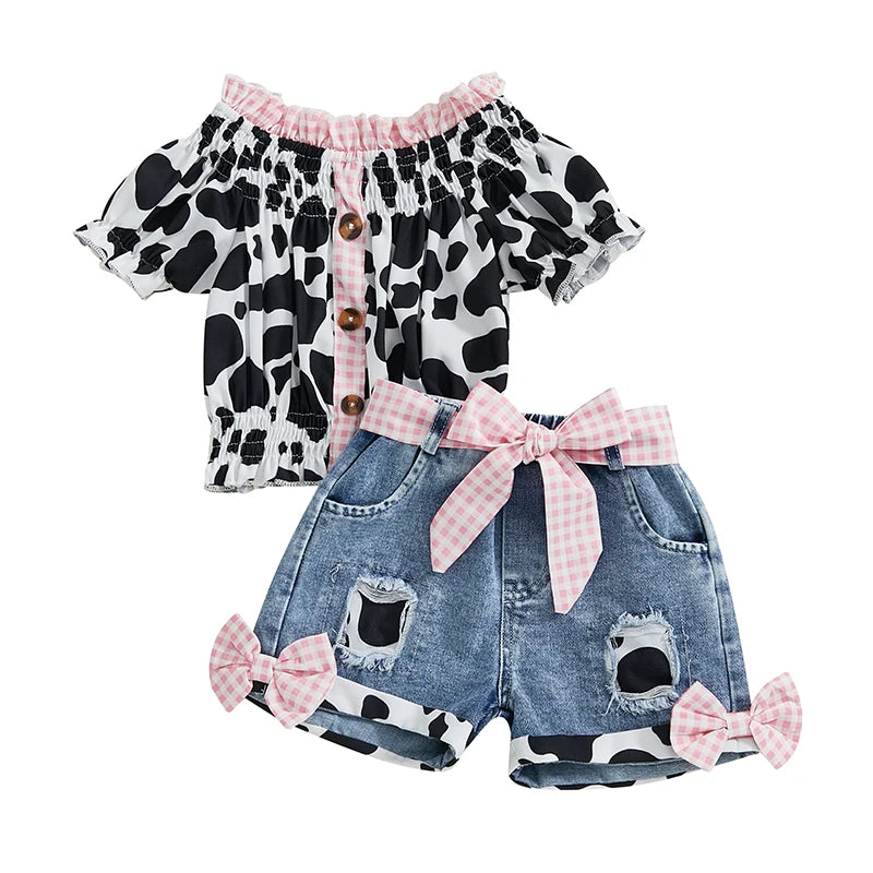 Girls Summer Outfit Leopard Print Sleeveless Top and Distressed Denim Shorts