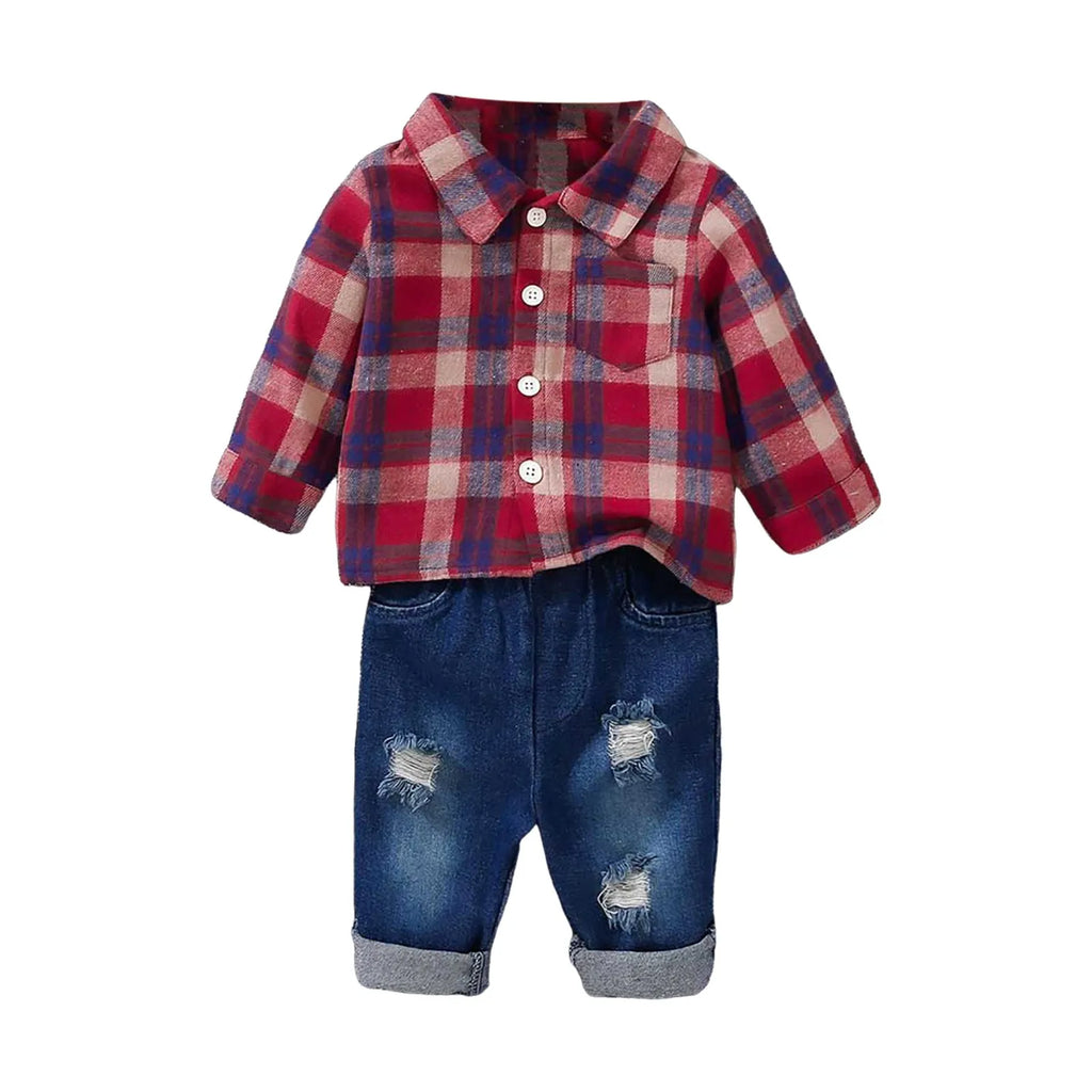 2Pcs Kids Boys Flannel Plaid Shirt Tops