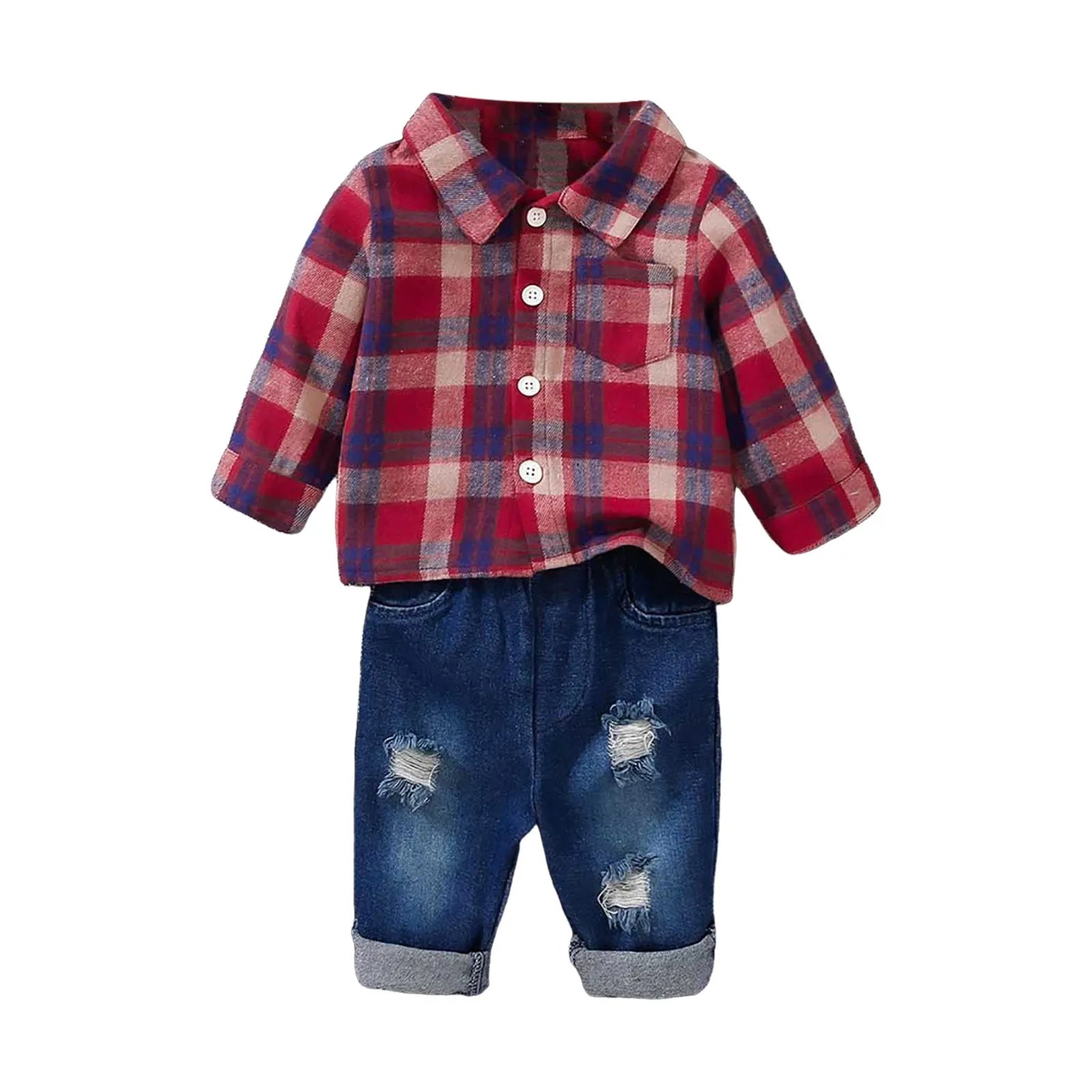 2Pcs Kids Boys Flannel Plaid Shirt Tops
