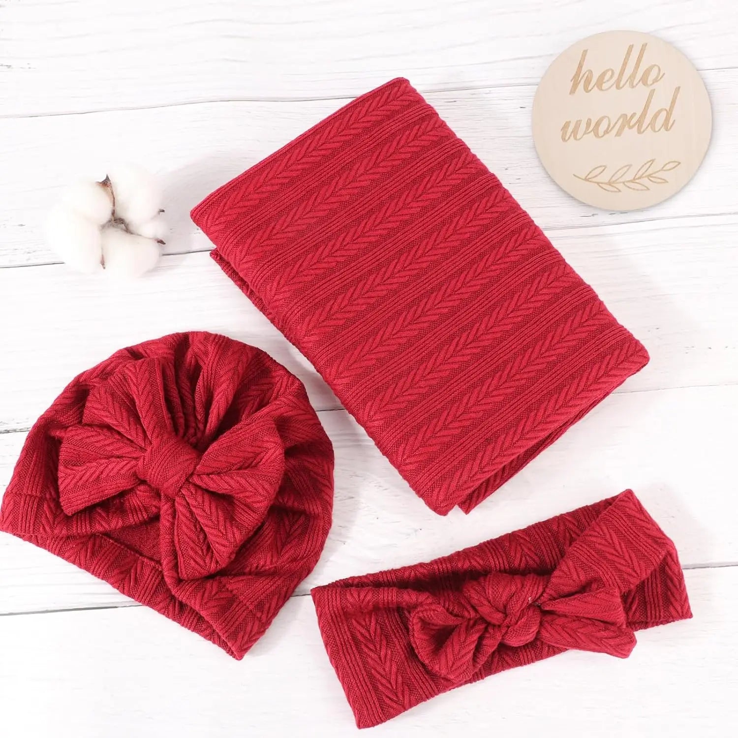 Soft Wheat-Pattern Newborn Swaddle Set with Bow Hat