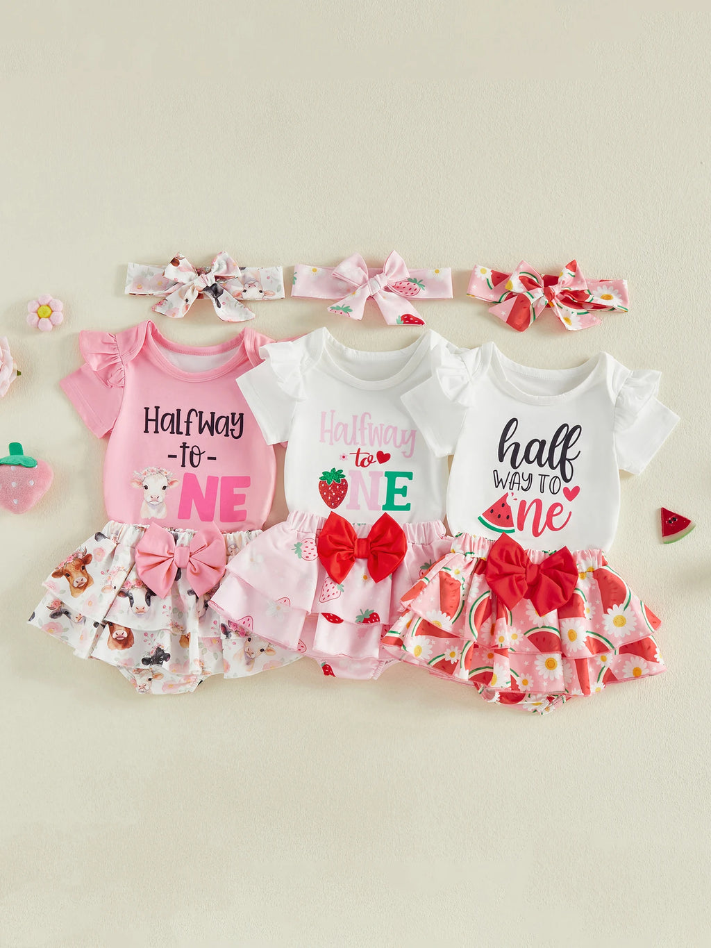 Baby Girl 6 Month Birthday Set with Ruffle Romper Skorts and Headband