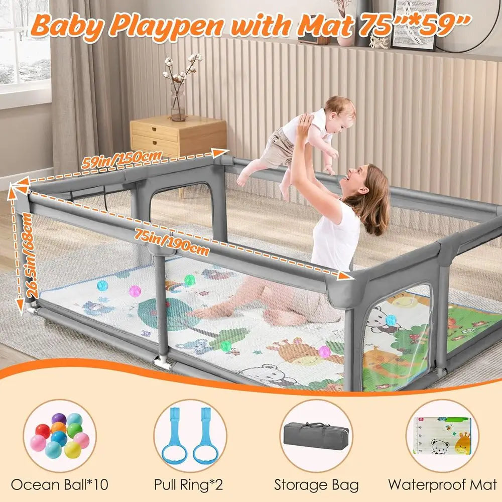 Gray Extra Large Baby Playpen with Mat