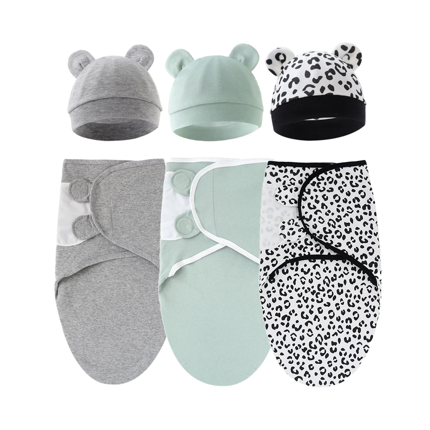 Set of 3 newborn swaddle blankets and baby hats