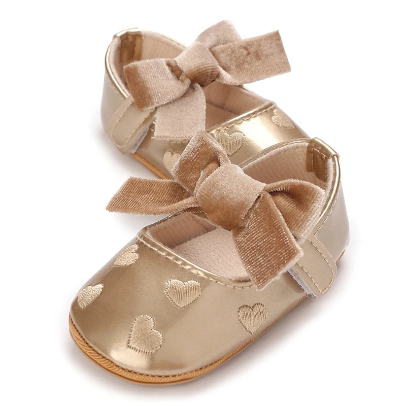 Adorable Baby Girls Heart Pattern Bowknot Soft Sole PU Leather Flats Shoes