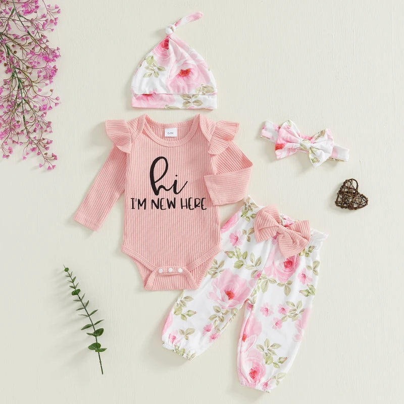 Baby Girls 4 Piece Outfit Letter Print Long Sleeves Romper