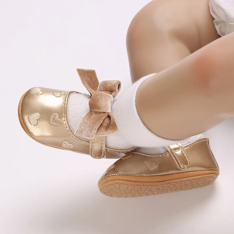 Adorable Baby Girls Heart Pattern Bowknot Soft Sole PU Leather Flats Shoes