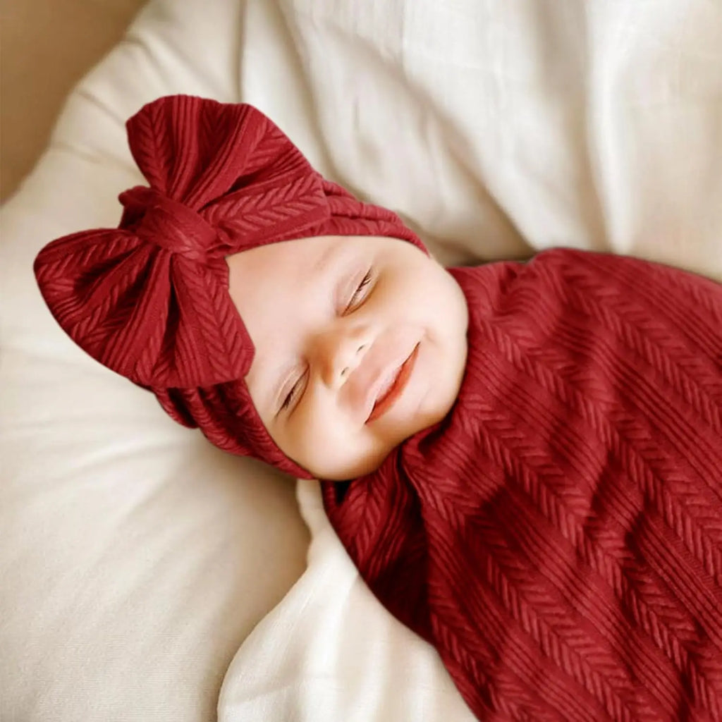 Soft Wheat-Pattern Newborn Swaddle Set with Bow Hat