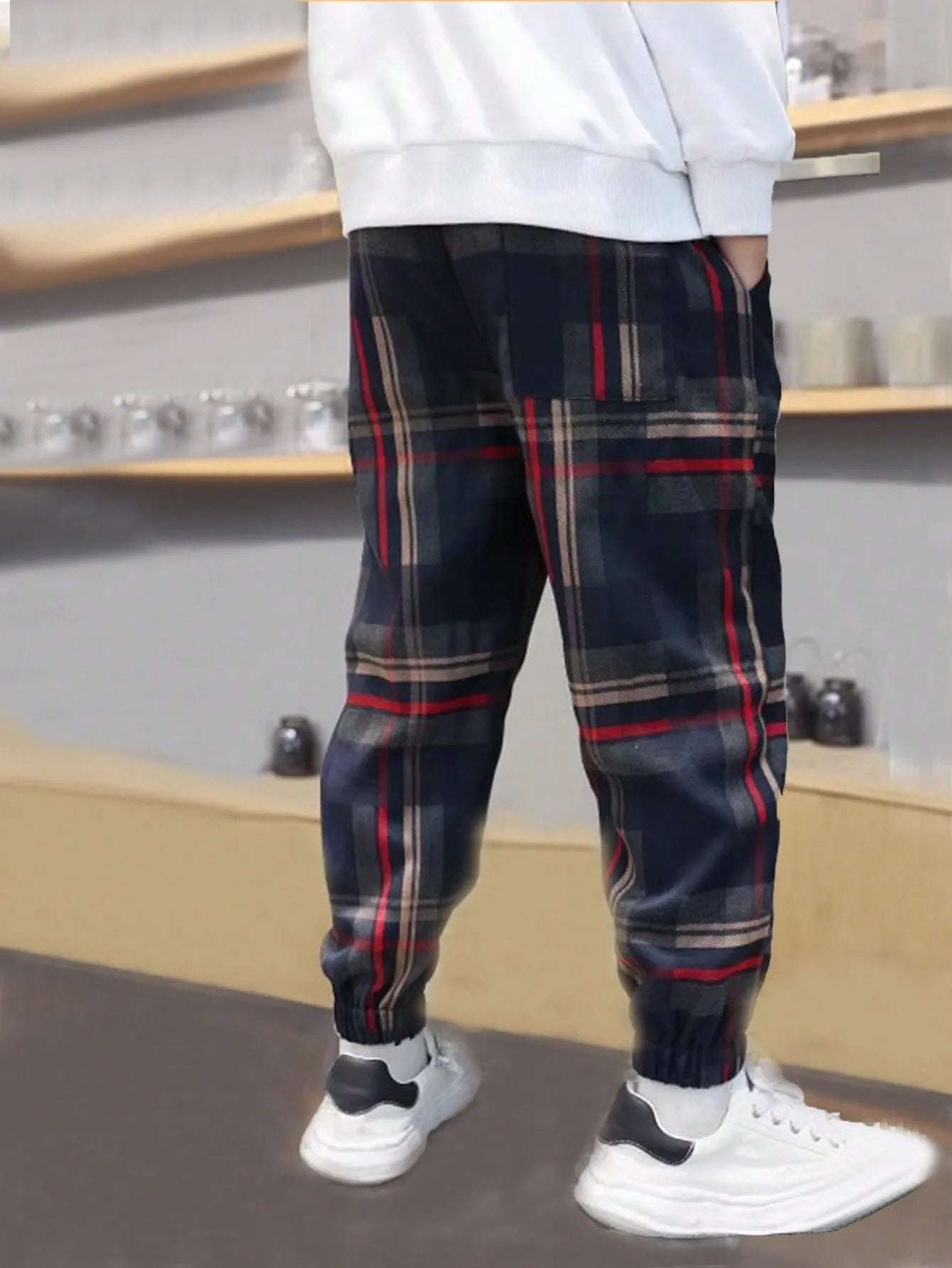 Boys Loose Fit Plaid Jogger Pants with Elastic Cuffs