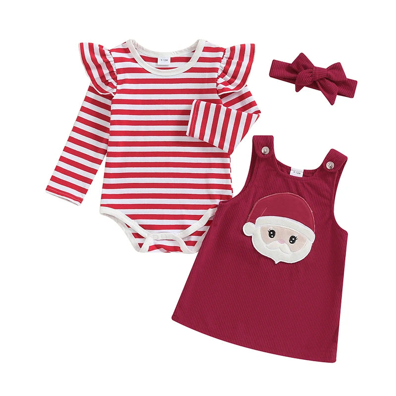 2024-05-18 Lioraitiin Baby Girl Thanksgiving Outfits Stripe Long Sleeve Romper Turkey Embroidery Overalls Dress Headband Set