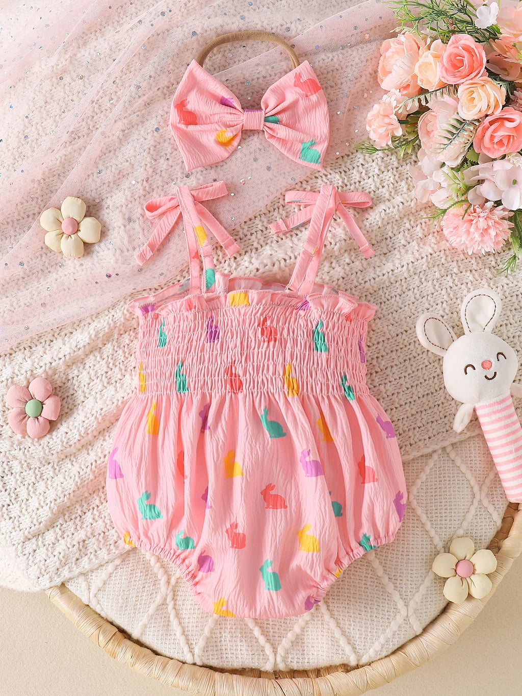 Newborn Baby Girl Rabbit Print Romper Set