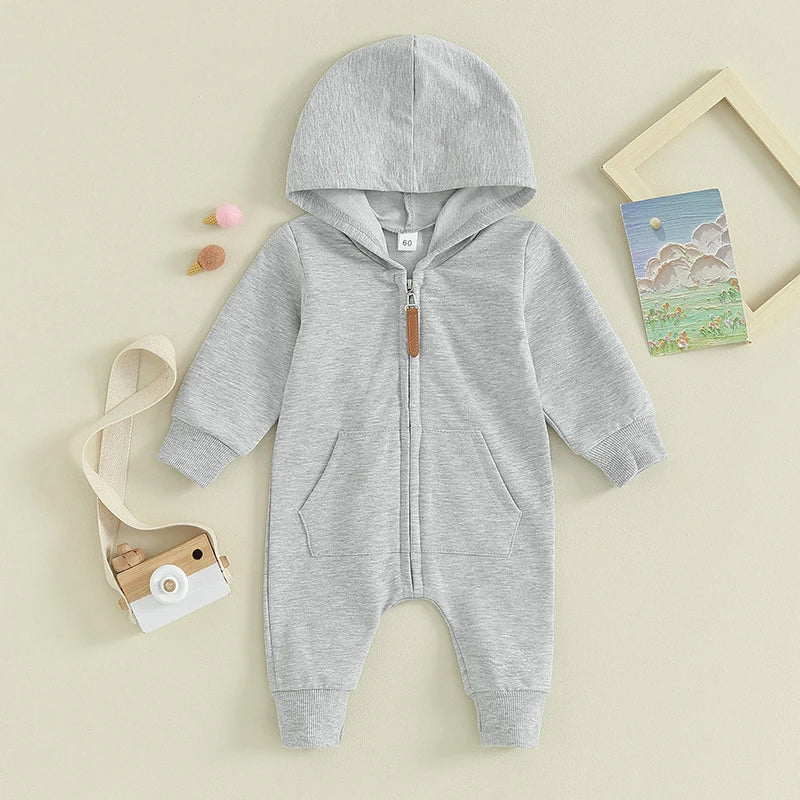 0-12M Newborn Baby Boys Girls Clothing Zipper Hooded Jumpsuit Romper