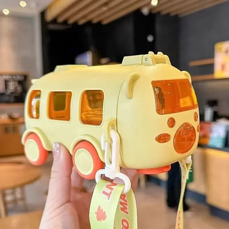Portable Bear Water Bottle with Shoulder Strap Kid Cute Car Straw Water Cup Bus