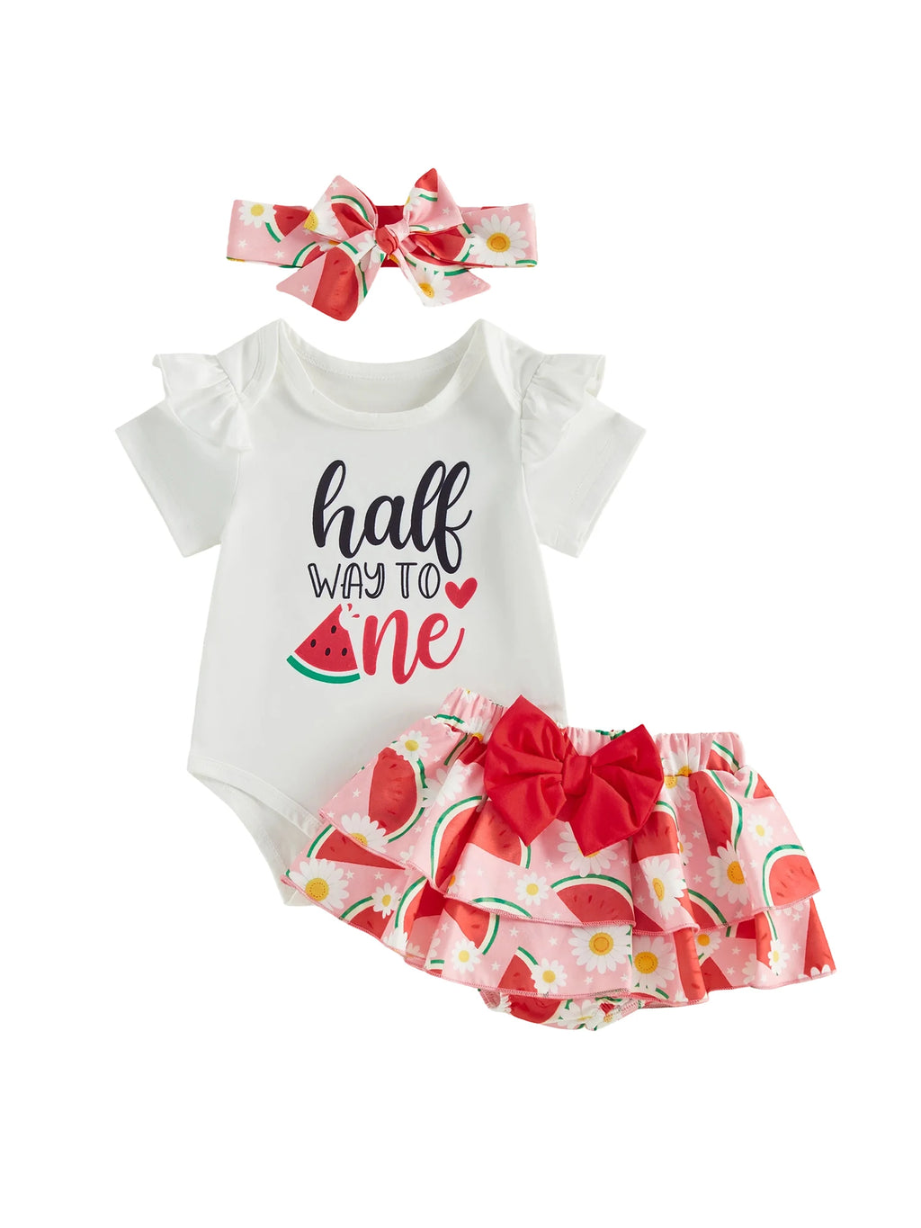 Baby Girl 6 Month Birthday Set with Ruffle Romper Skorts and Headband