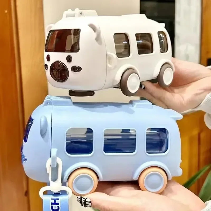 Portable Bear Water Bottle with Shoulder Strap Kid Cute Car Straw Water Cup Bus