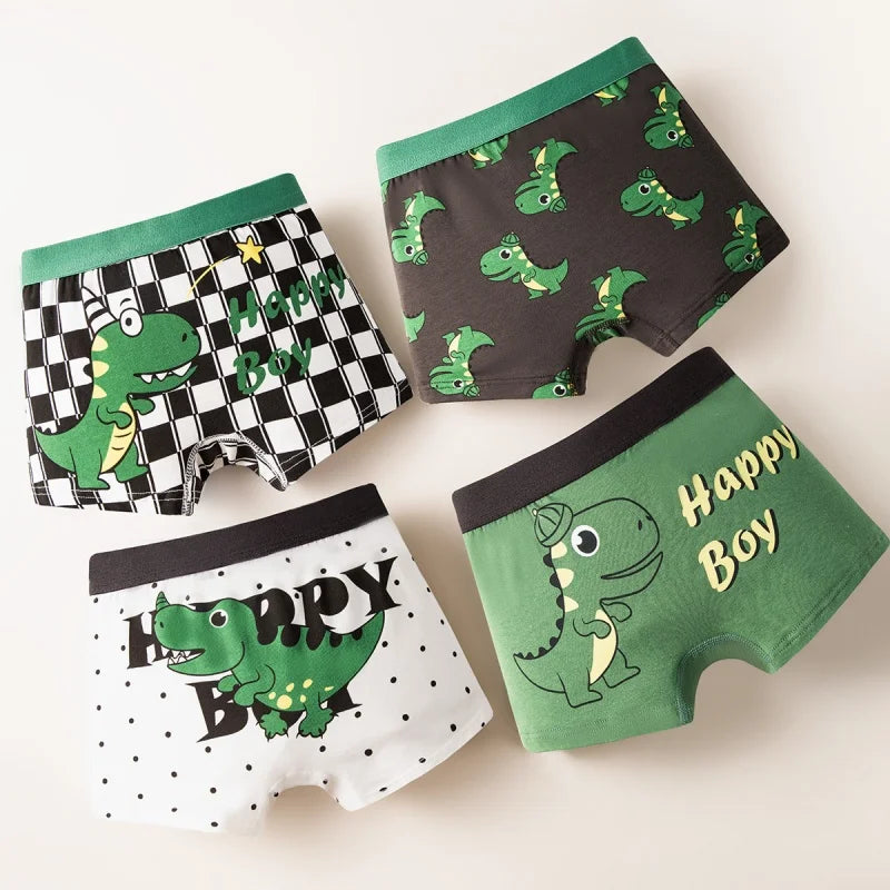 4-piece set of cute green dinosaur print cotton underpants