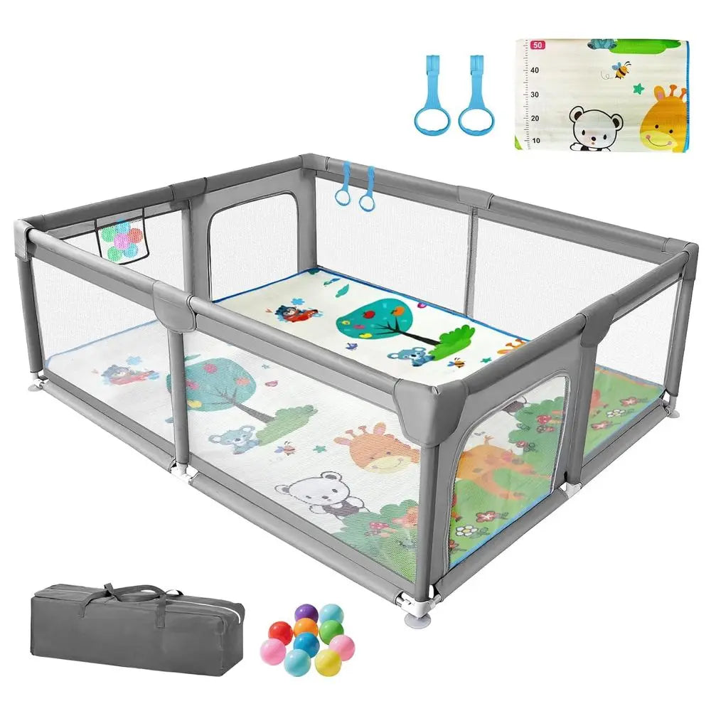 Gray Extra Large Baby Playpen with Mat