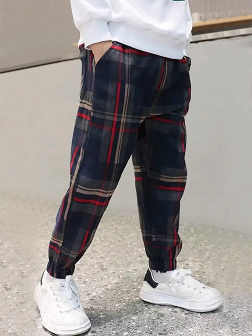 Boys Loose Fit Plaid Jogger Pants with Elastic Cuffs
