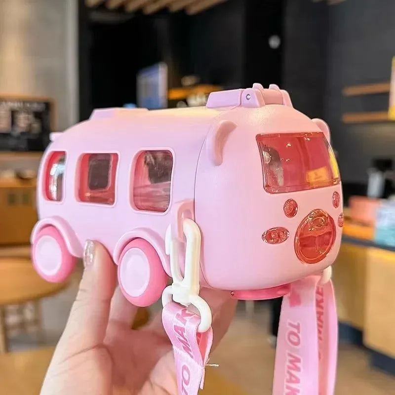 Portable Bear Water Bottle with Shoulder Strap Kid Cute Car Straw Water Cup Bus