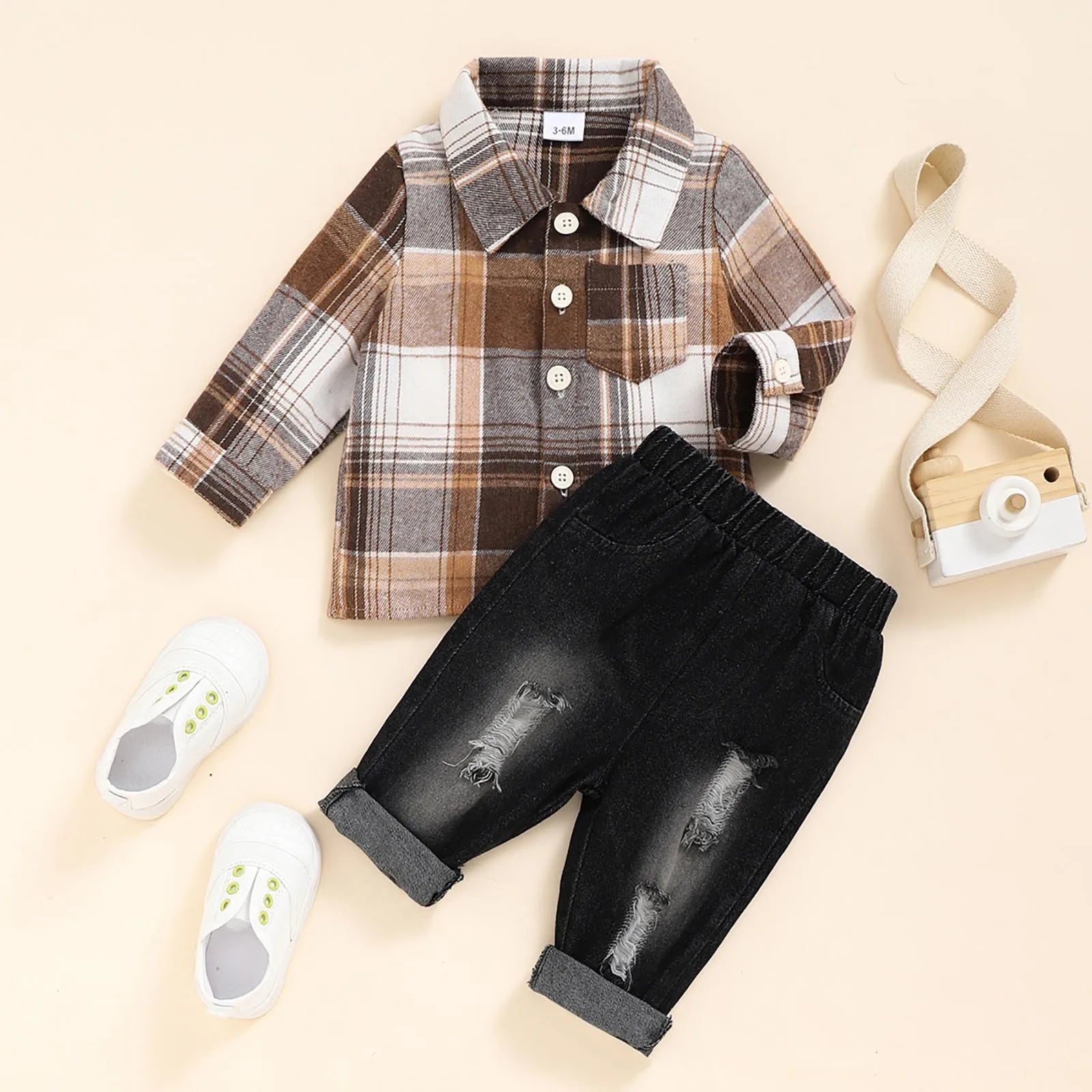 2Pcs Kids Boys Flannel Plaid Shirt Tops