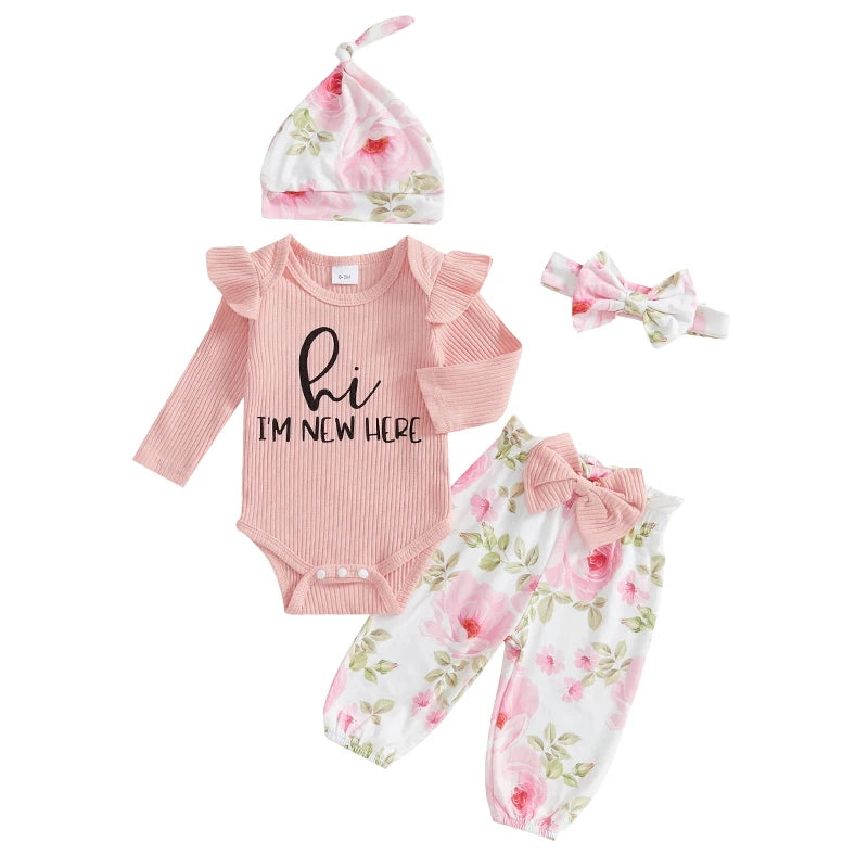 Baby Girls 4 Piece Outfit Letter Print Long Sleeves Romper