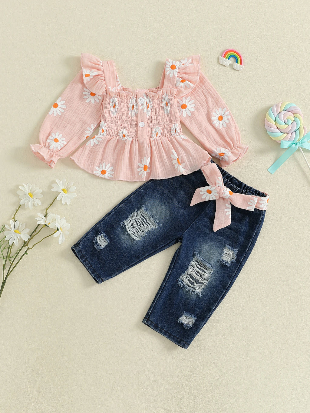 Girls 2-Piece Outfit Set with Floral Print Long Sleeve