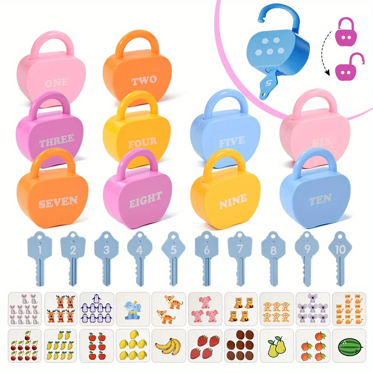 10 Set  Apple Locks Keys Cards Matching Toys Kids Educational Learning