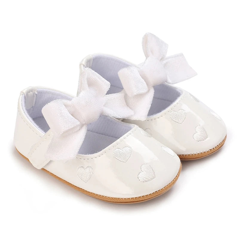 Adorable Baby Girls Heart Pattern Bowknot Soft Sole PU Leather Flats Shoes