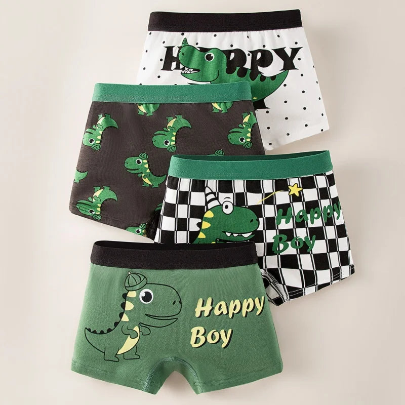 4-piece set of cute green dinosaur print cotton underpants