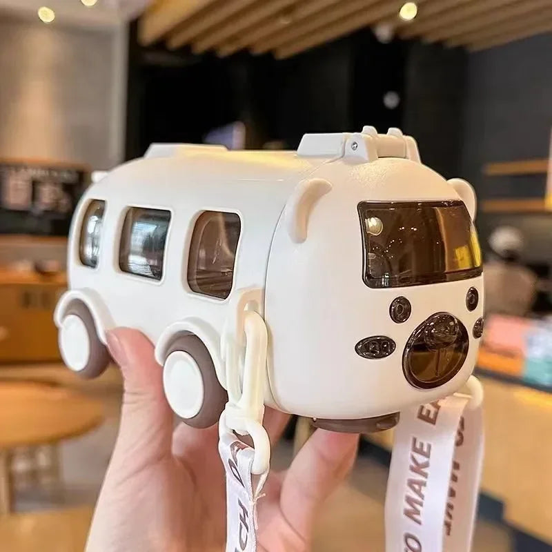 Portable Bear Water Bottle with Shoulder Strap Kid Cute Car Straw Water Cup Bus