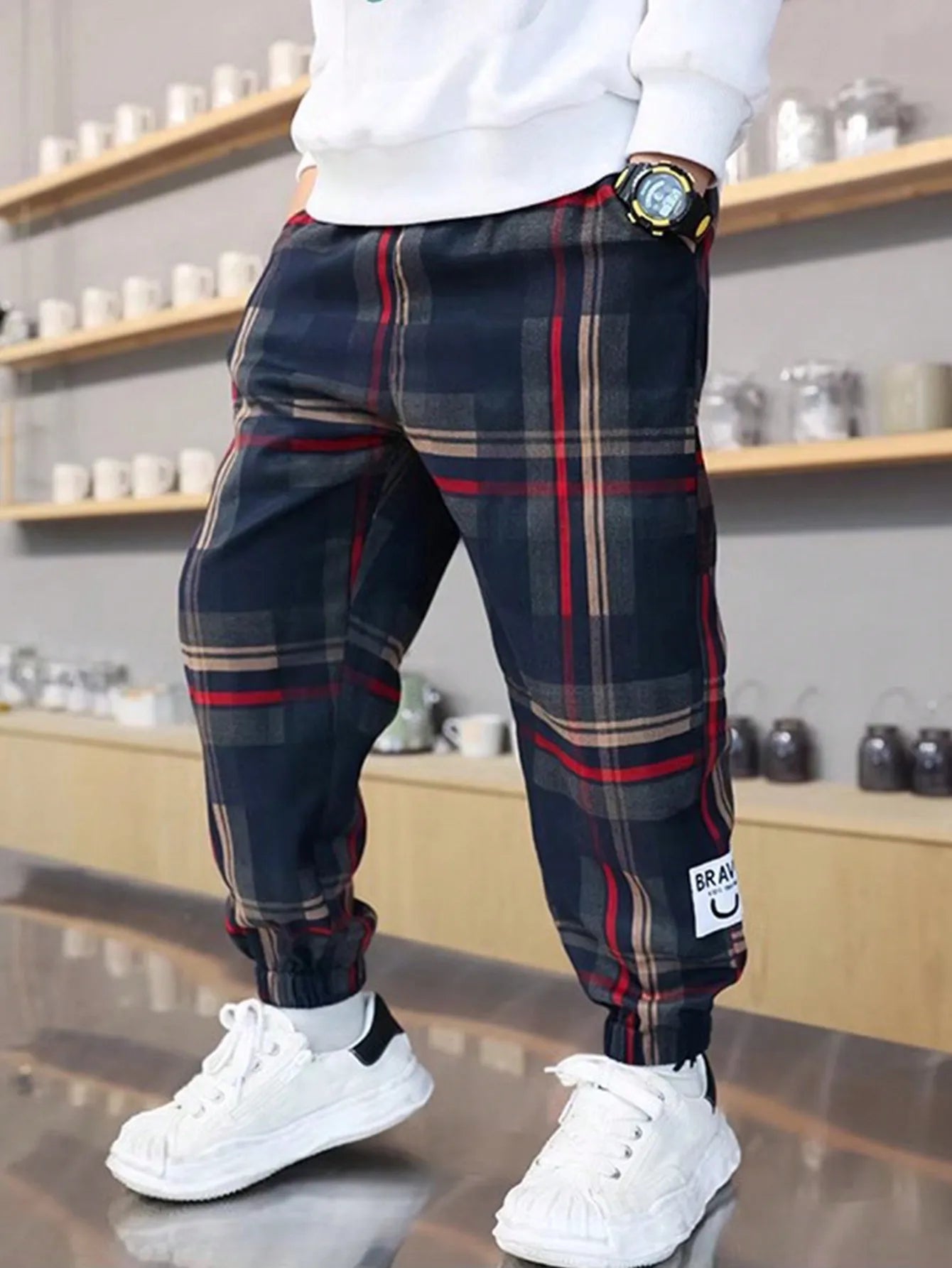 Boys Loose Fit Plaid Jogger Pants with Elastic Cuffs