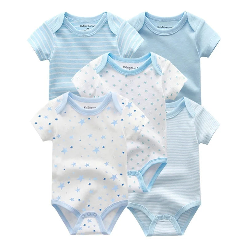 Kiddiezoom Summer 5 Piece Fashion Cartoon Boys and Girls Bodysuits 100% Cotton Soft Newborn Bodysuit Set