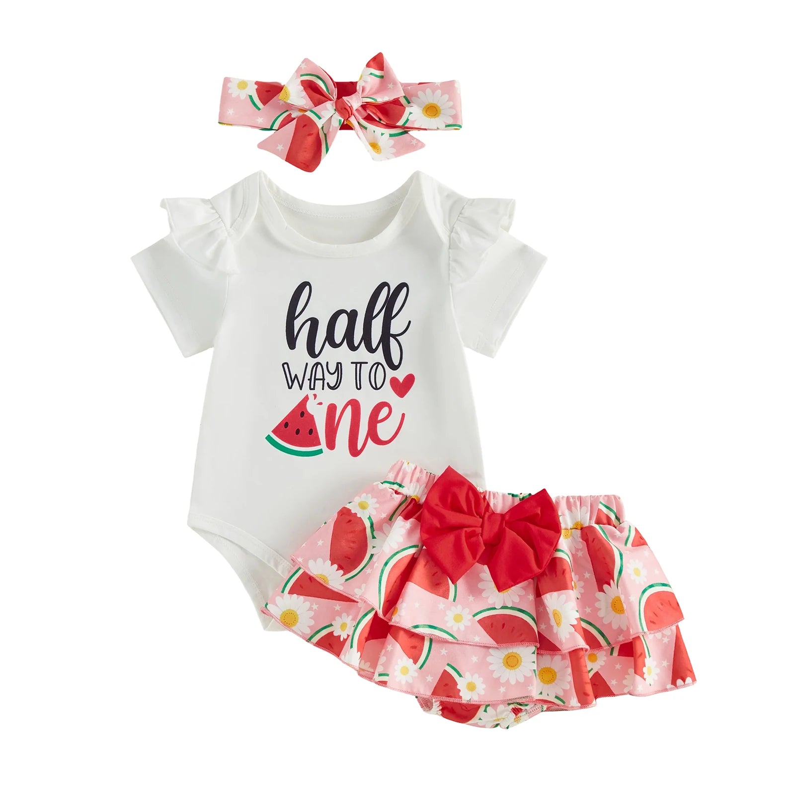 Baby Girl 6 Month Birthday Set with Ruffle Romper Skorts and Headband