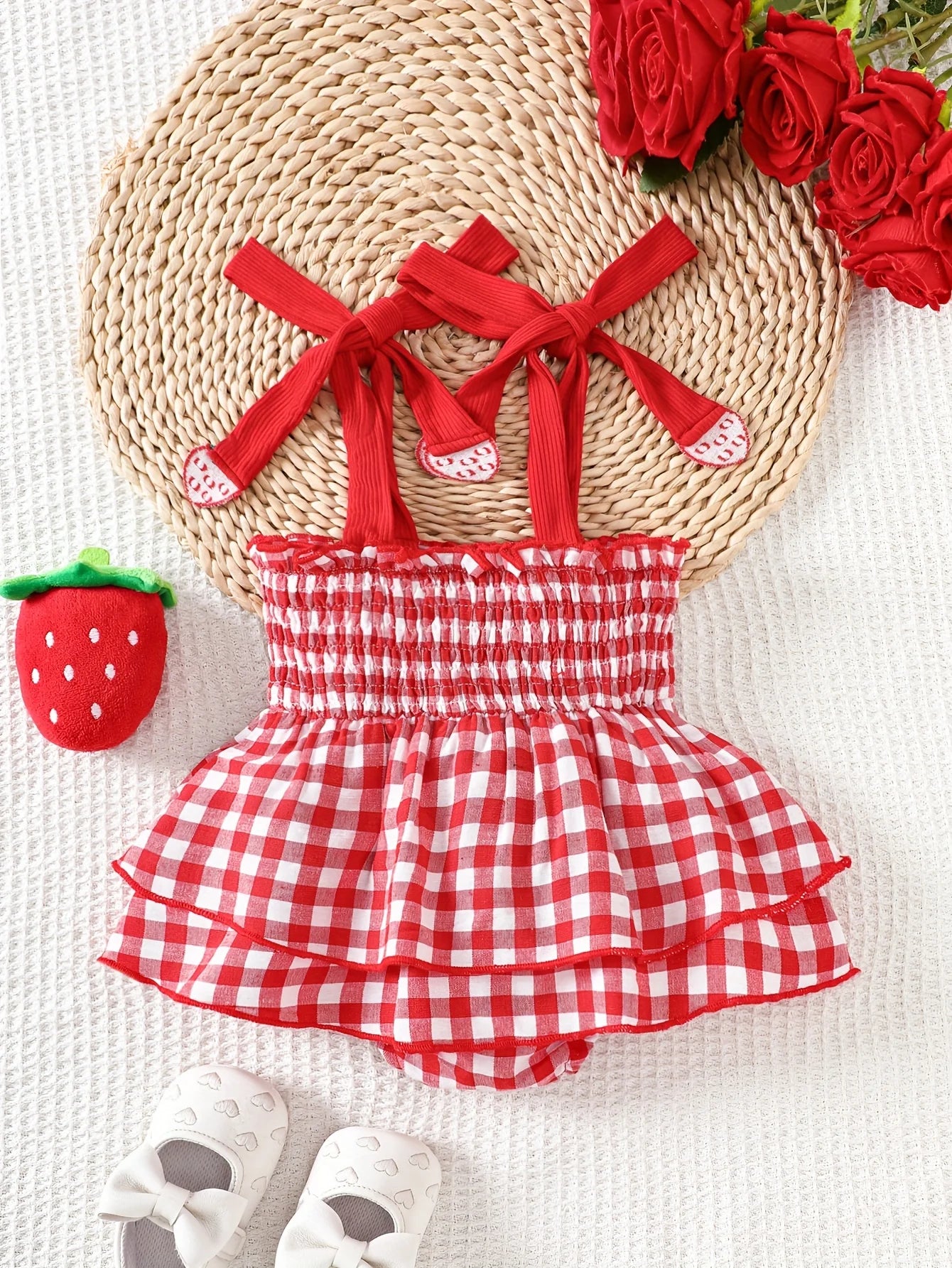 Baby Girl Strawberry Gingham Smocked Tie-Strap Romper Dress