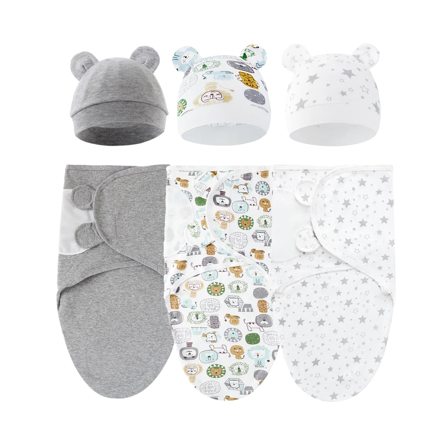 Set of 3 newborn swaddle blankets and baby hats