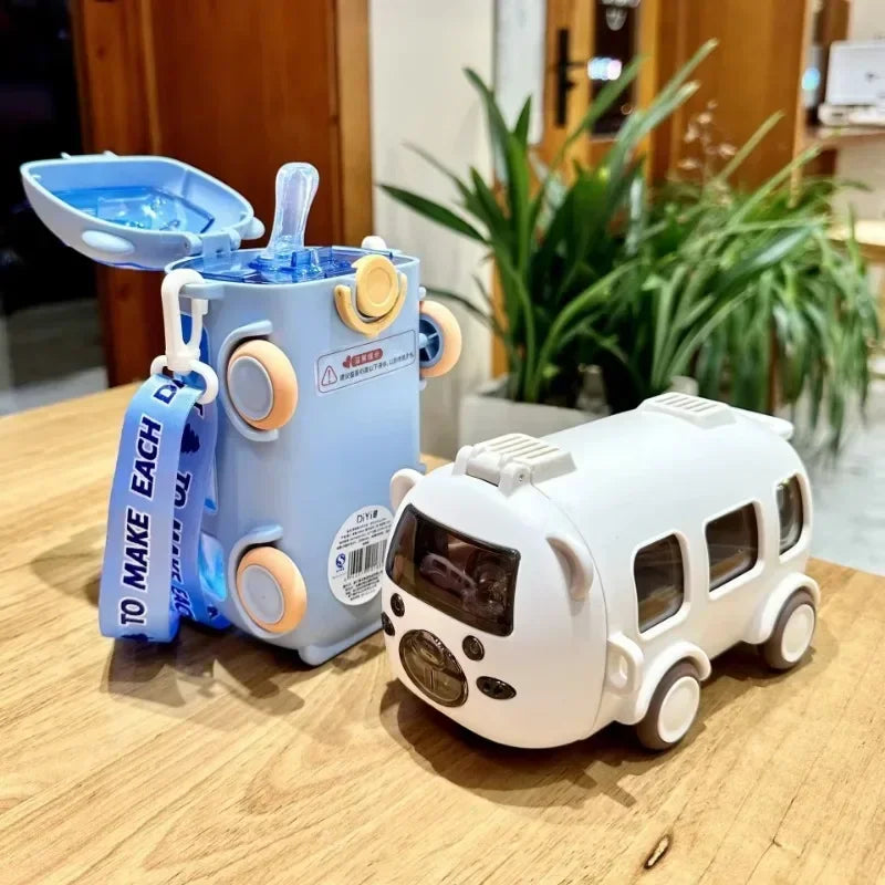 Portable Bear Water Bottle with Shoulder Strap Kid Cute Car Straw Water Cup Bus