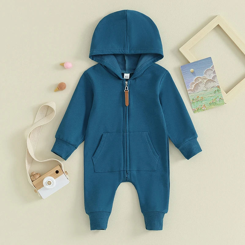 0-12M Newborn Baby Boys Girls Clothing Zipper Hooded Jumpsuit Romper