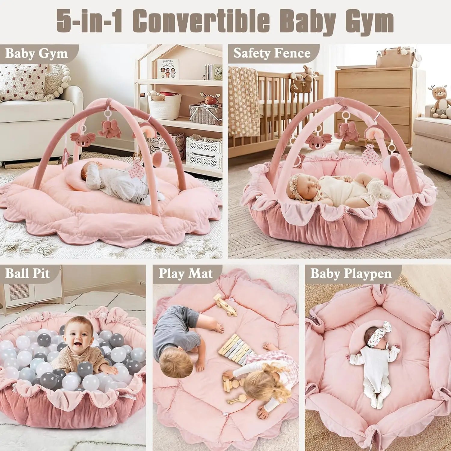 5-in-1 Plush Baby Play Gym with Convertible Mat