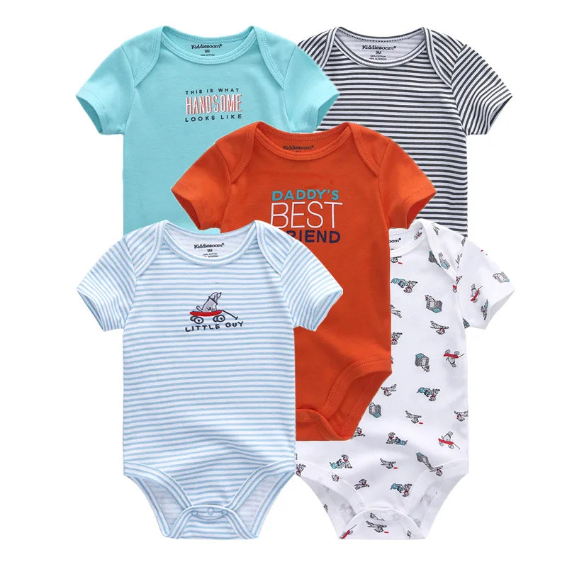 Kiddiezoom Summer 5 Piece Fashion Cartoon Boys and Girls Bodysuits 100% Cotton Soft Newborn Bodysuit Set