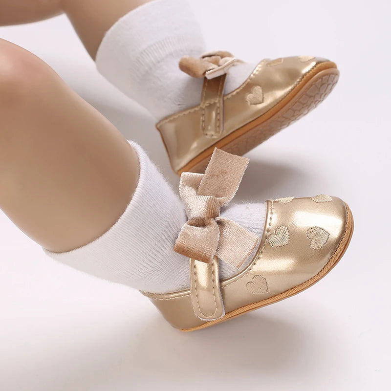 Adorable Baby Girls Heart Pattern Bowknot Soft Sole PU Leather Flats Shoes