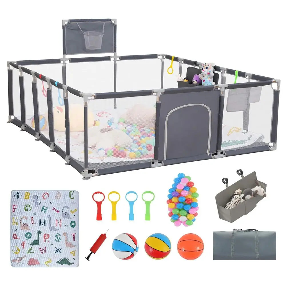 Gray Playpen for Babies & Toddlers, 79x71 with Mat