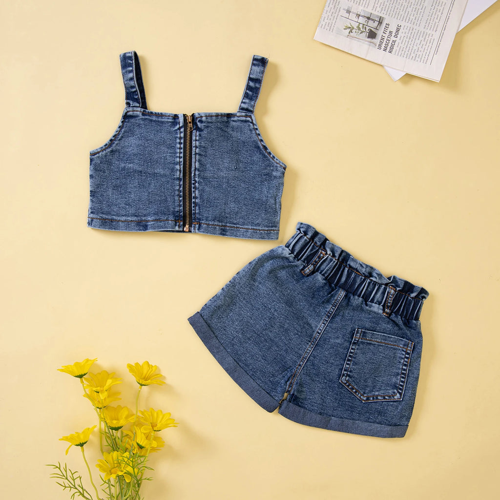 Little Girls 2PCS Pants Set Sling Plain Tie-Up Zip-Up Crop