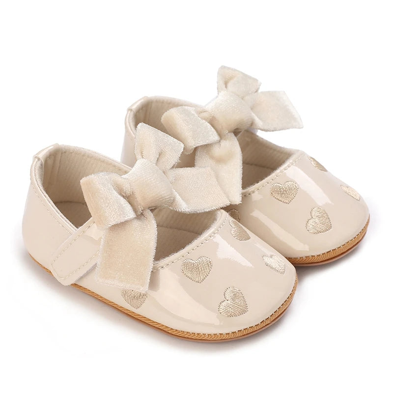 Adorable Baby Girls Heart Pattern Bowknot Soft Sole PU Leather Flats Shoes