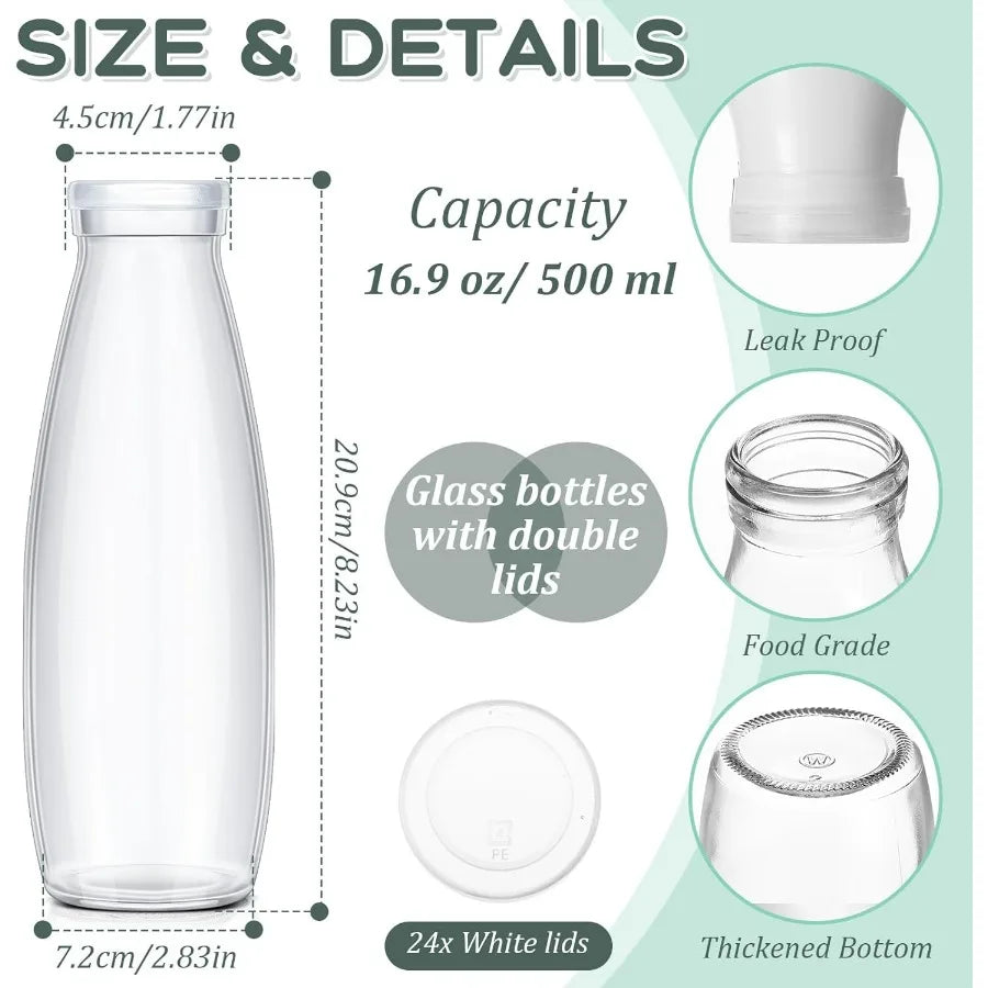 24 Pack Clear Glass Milk Bottles with Lids
