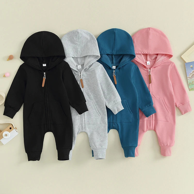 0-12M Newborn Baby Boys Girls Clothing Zipper Hooded Jumpsuit Romper
