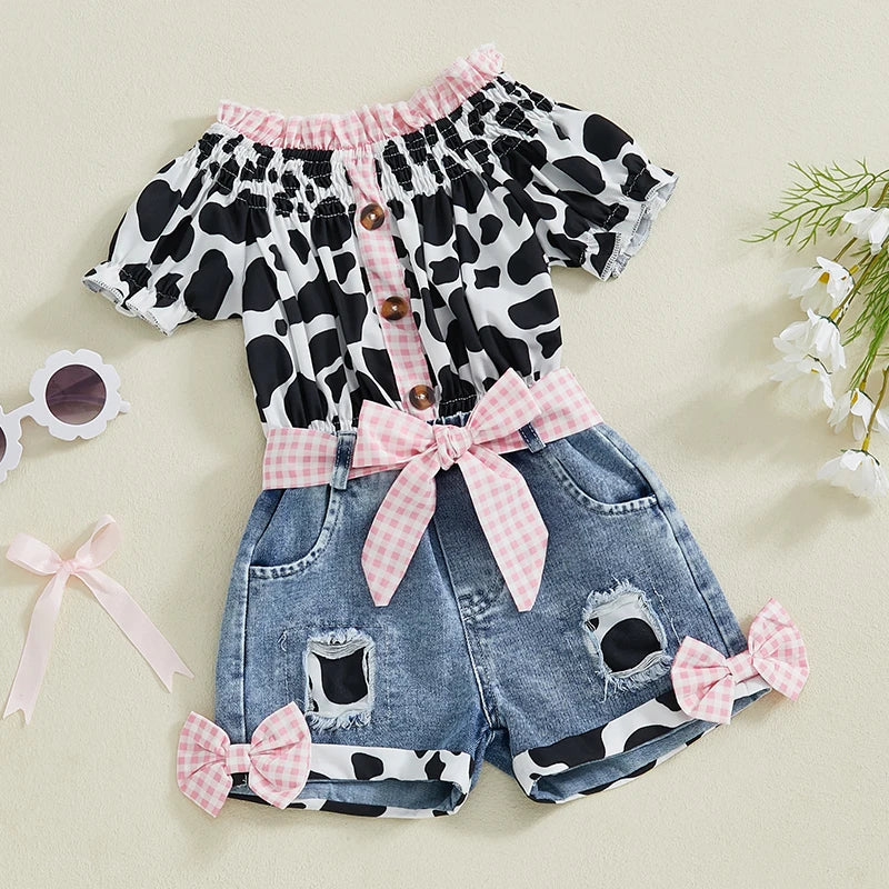 Girls Summer Outfit Leopard Print Sleeveless Top and Distressed Denim Shorts