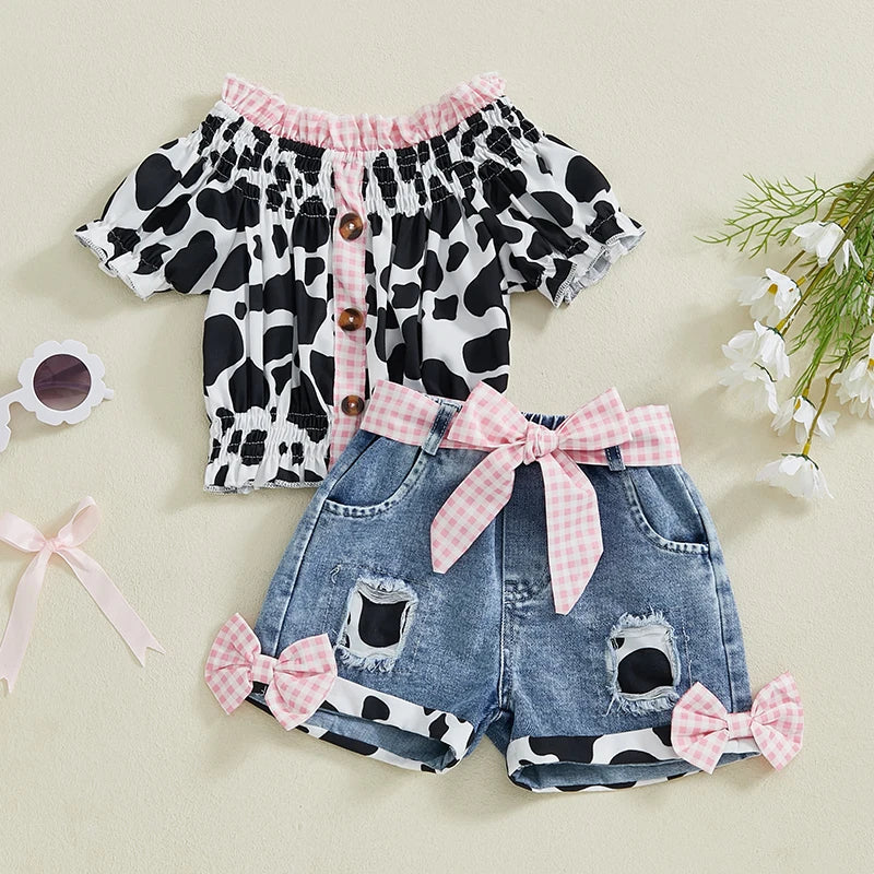 Girls Summer Outfit Leopard Print Sleeveless Top and Distressed Denim Shorts