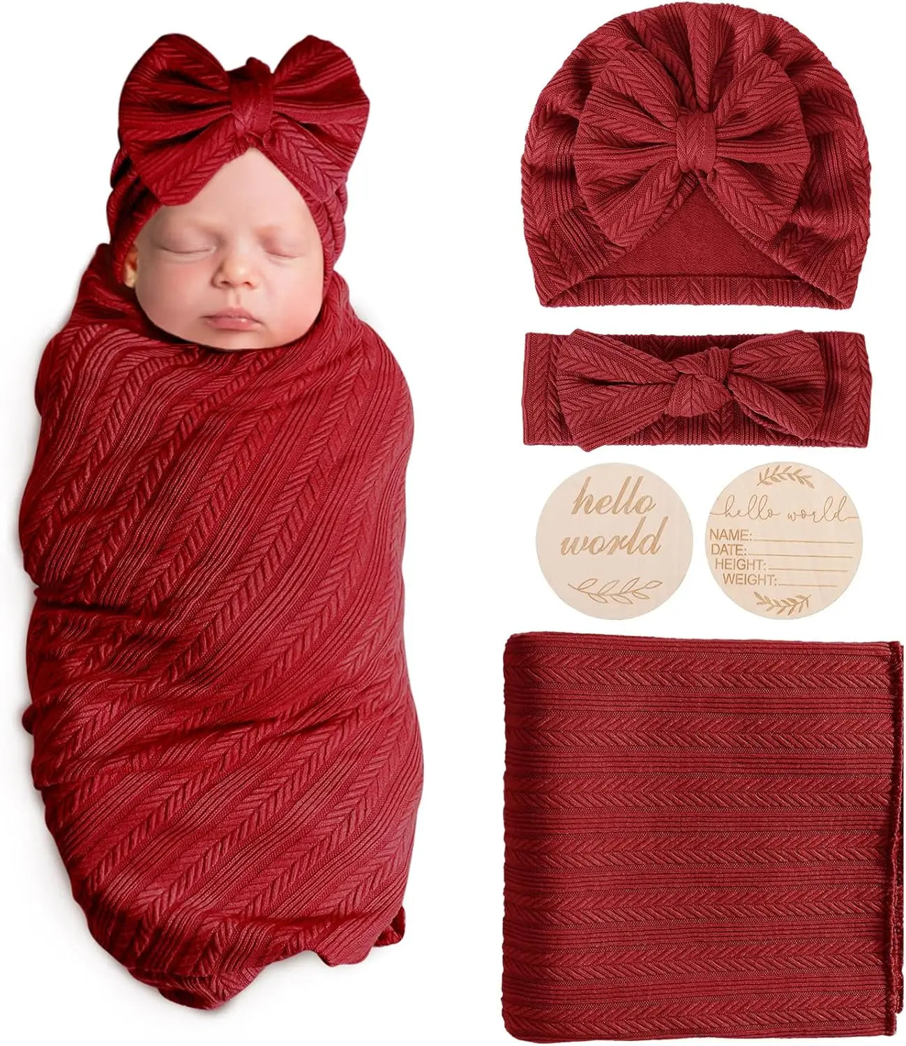 Soft Wheat-Pattern Newborn Swaddle Set with Bow Hat